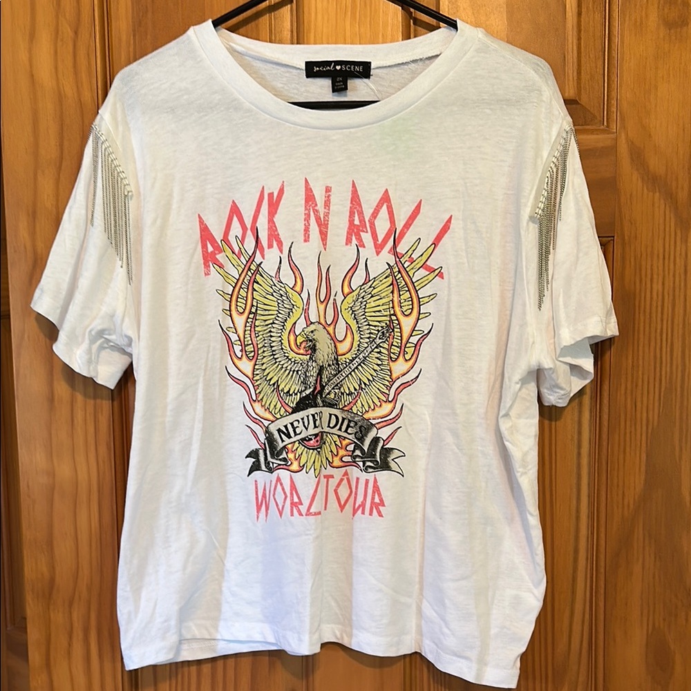 White crop T-shirt brand new. Rock n roll graphic design